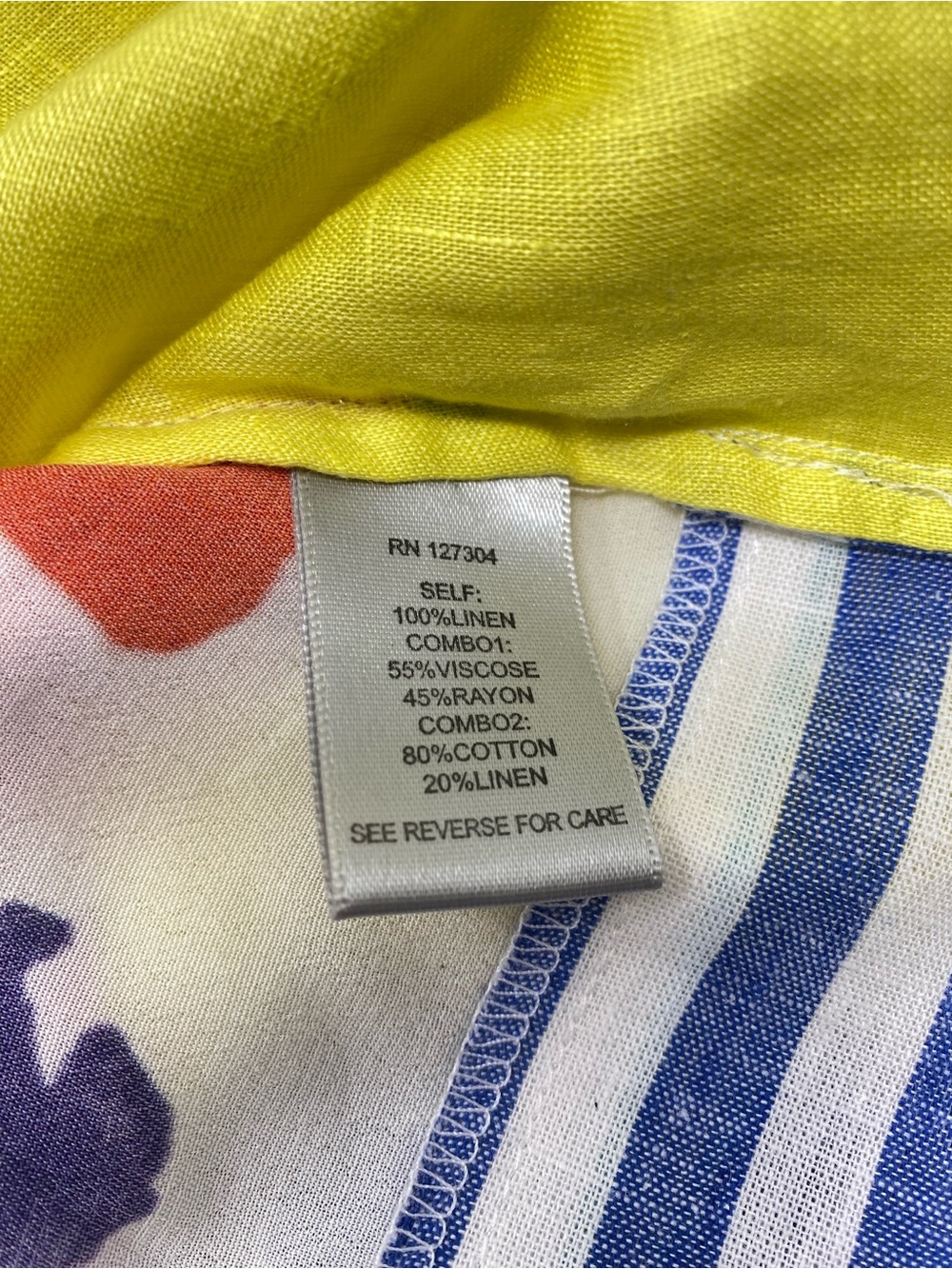 John Mark Blouse Top Linen Yellow Embroidered Mixed Media with Blue Striped Hem - Picture 12 of 13